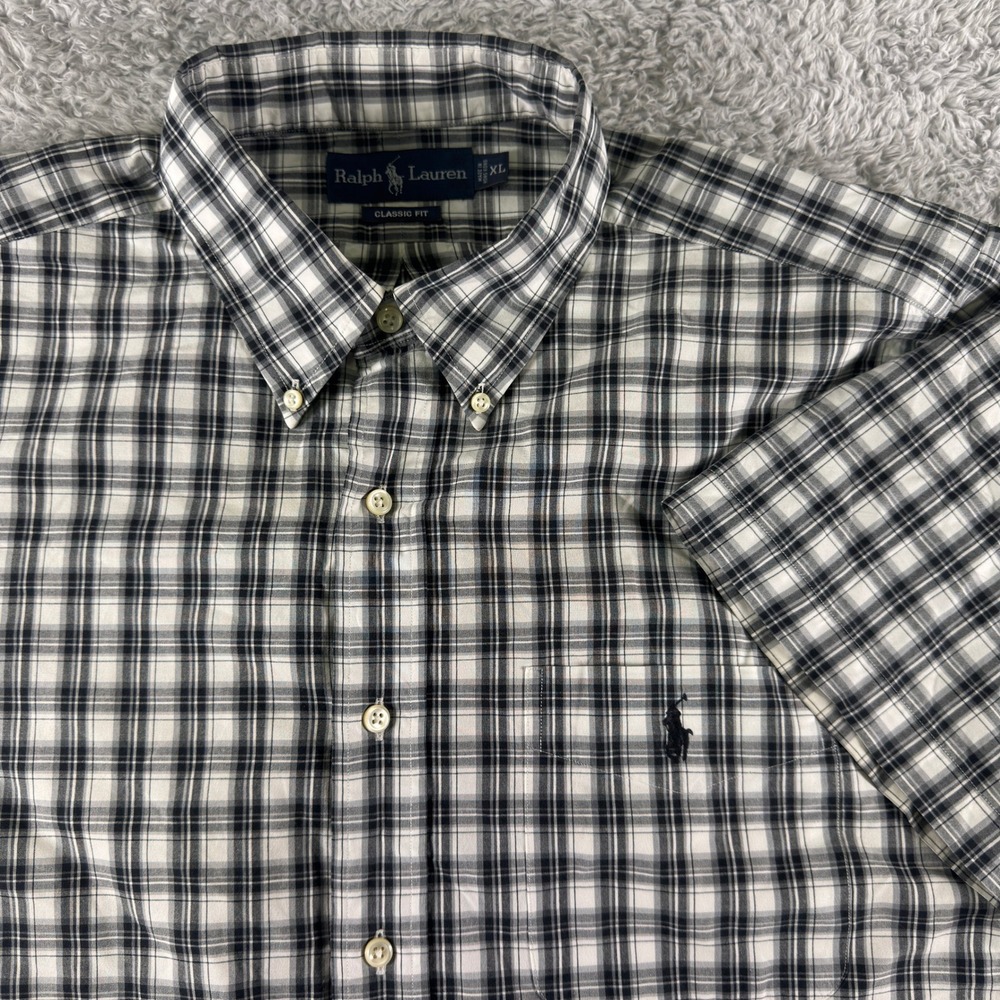 Ralph Lauren Mens XL Classic Fit Black White Plaid Short Sleeve Shirt